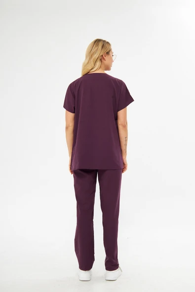 Orange Safety V Yaka Treecotton Mürdüm Rengi Hemşire Takım - 9