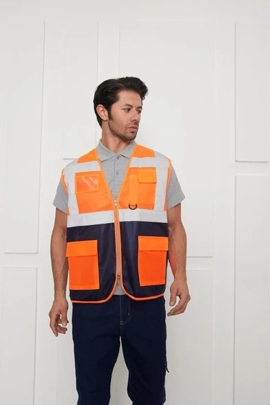 Orange Safety Mühendis Tipi İkaz Yeleği Turuncu-Lacivert - Resim 6