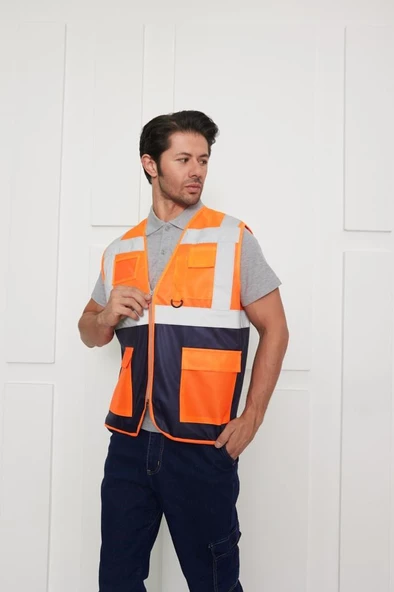 Orange Safety Mühendis Tipi İkaz Yeleği Turuncu-Lacivert - Resim 4