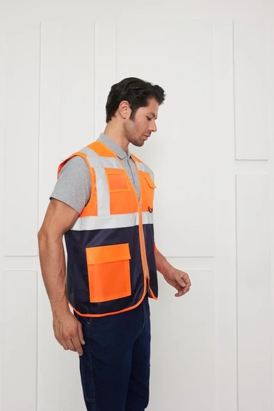 Orange Safety Mühendis Tipi İkaz Yeleği Turuncu-Lacivert - Resim 7