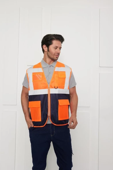 Orange Safety Mühendis Tipi İkaz Yeleği Turuncu-Lacivert - Resim 3