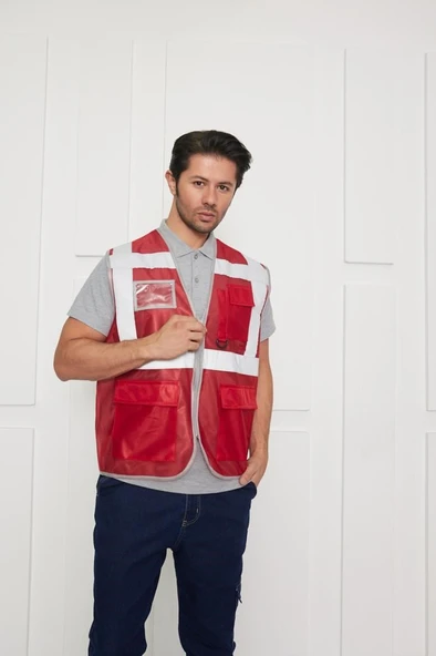 Orange Safety Mühendis Tipi İkaz Yeleği Kırmızı - Resim 4