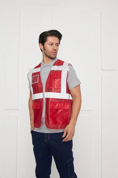 Orange Safety Mühendis Tipi İkaz Yeleği Kırmızı - Resim 3