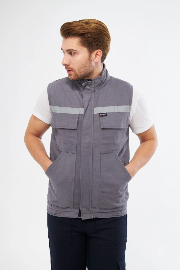 Orange Safety Gri Yelek 7/7 Gabardin %100 Pamuk Kapitoneli Reflektörlü - 2