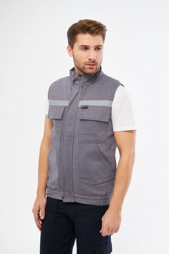 Orange Safety Gri Yelek 7/7 Gabardin %100 Pamuk Kapitoneli Reflektörlü - 3