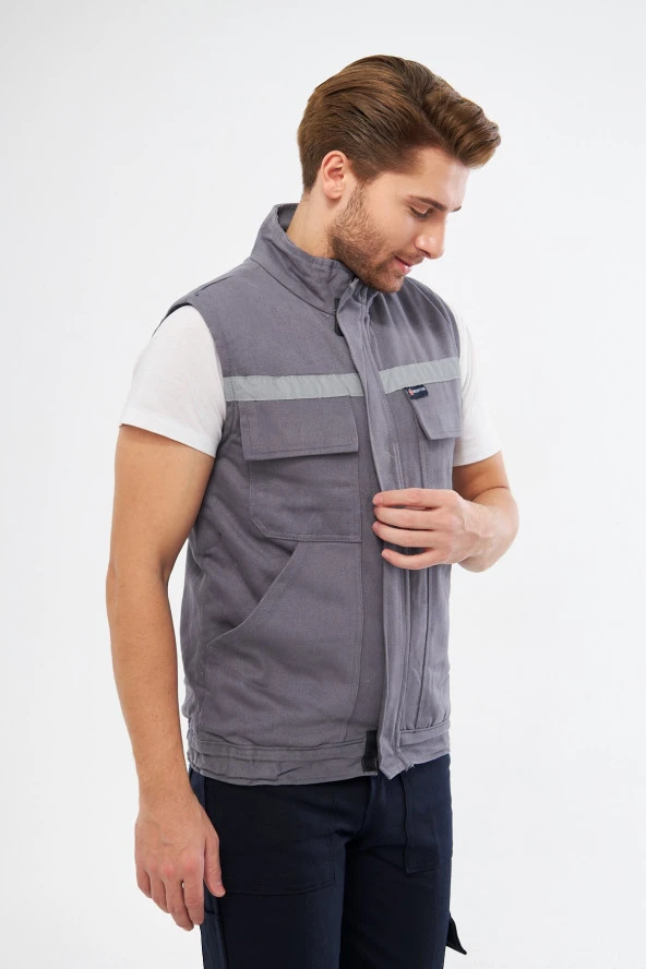 Orange Safety Gri Yelek 7/7 Gabardin %100 Pamuk Kapitoneli Reflektörlü - 4