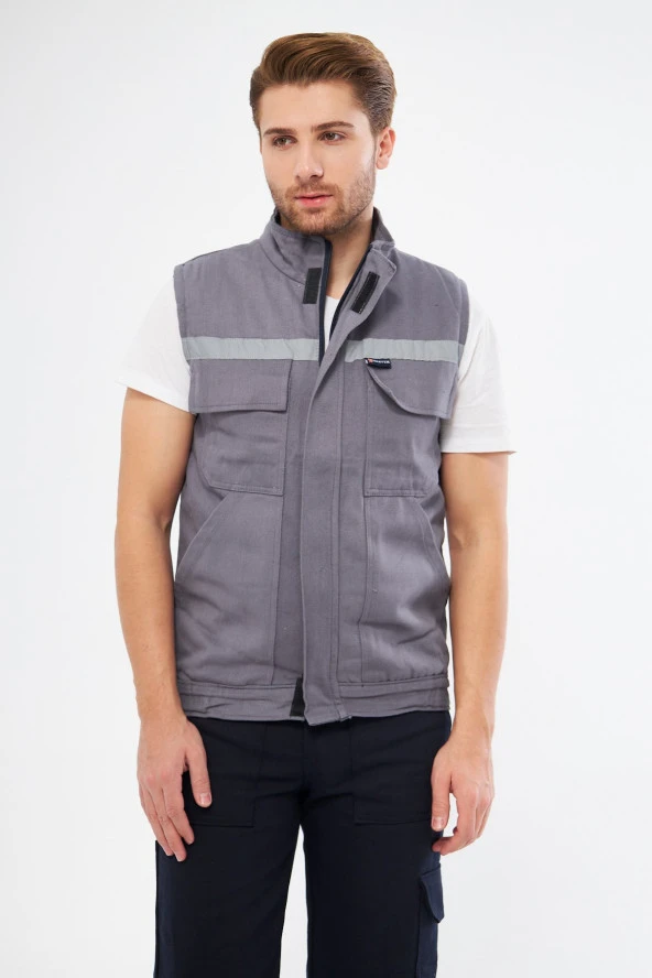 Orange Safety Gri Yelek 7/7 Gabardin %100 Pamuk Kapitoneli Reflektörlü - 7
