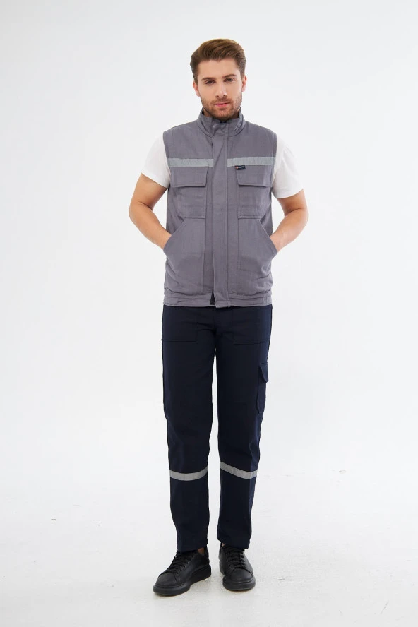 Orange Safety Gri Yelek 7/7 Gabardin %100 Pamuk Kapitoneli Reflektörlü - 8