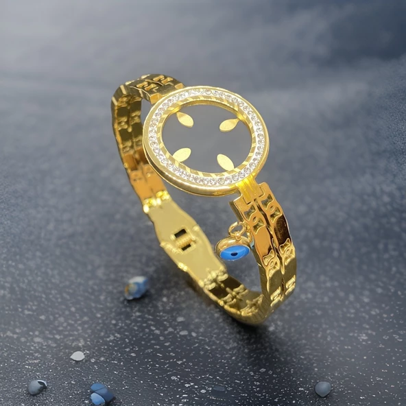 Nazar Boncuklu Şıklık: Altın Renk Parlak Özel Desenli Kadın Çelik Çeyreklik Bileklik ürün görseli 1