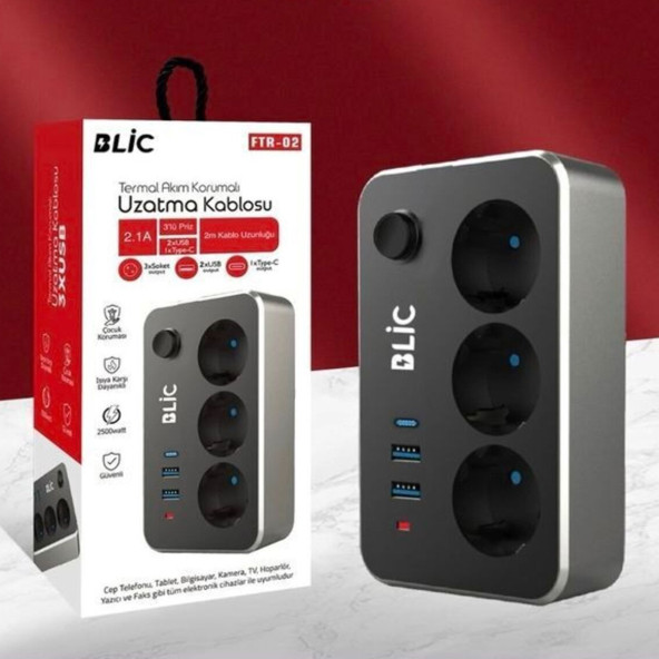 Blic Termal Akım Korumalı 3'lü Priz ve USB Şarj İstasyonu