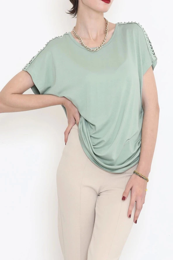Omuz Taş Detaylı Bluz Çağla - 5