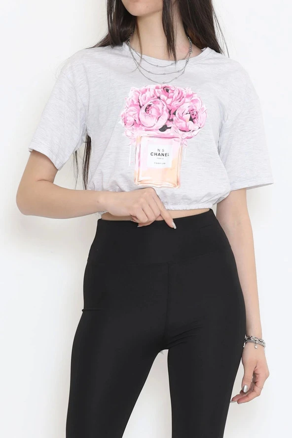 Baskılı Crop Tişört Gri