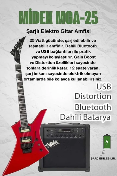 Maxword DG-34RD-25AMP Kelly Kasa Floyde Rose 2x Zebra HH Manyetik 25W Amfili Elektro Gitar - Resim 2
