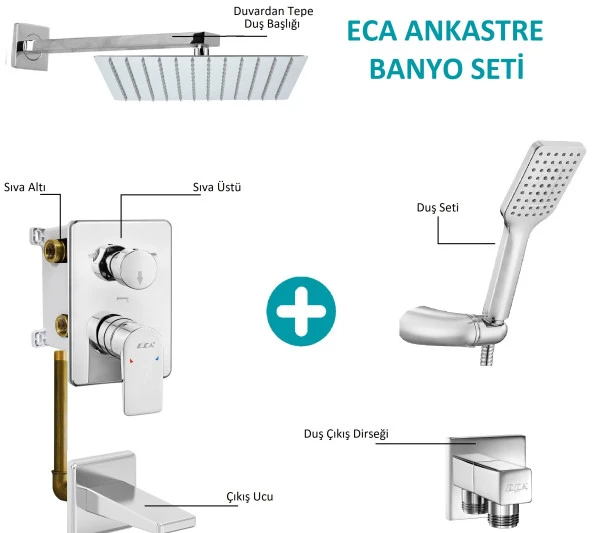 ECA Ankastre Gömme Banyo Bataryası Duş Seti  Tüm Parçalar Dahil 30x30 Başlık - Resim 2