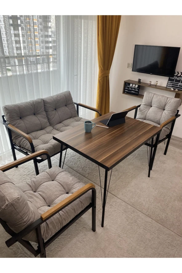 MODERN Balkon Bahçe Metal Kanepe Koltuk Takımı - 2+1+1 + Masa - 2