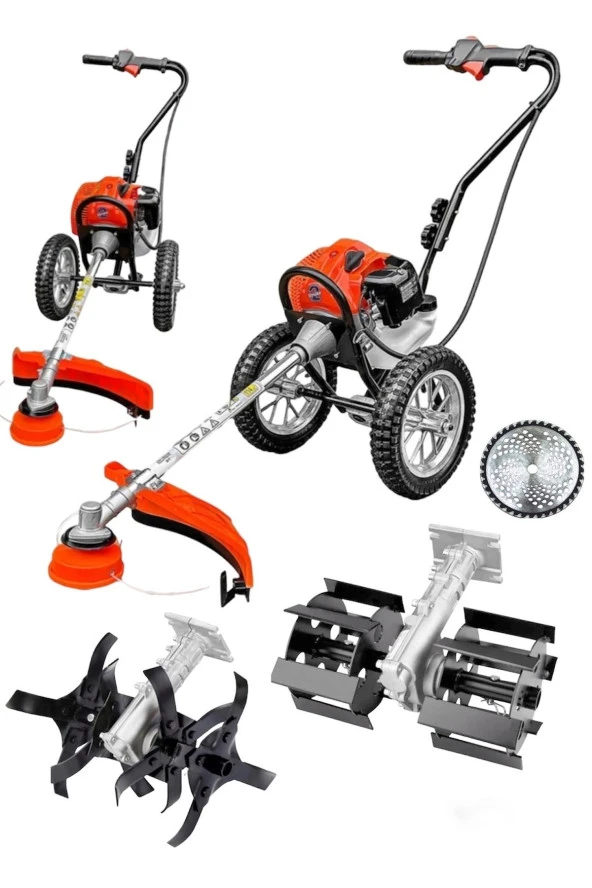 7.9 Hp Benzinli Tekerlekli Çim Ot Çalı Biçme Makinası Tırpan 2 Adet Çapalama Aparatı Profesyonel
