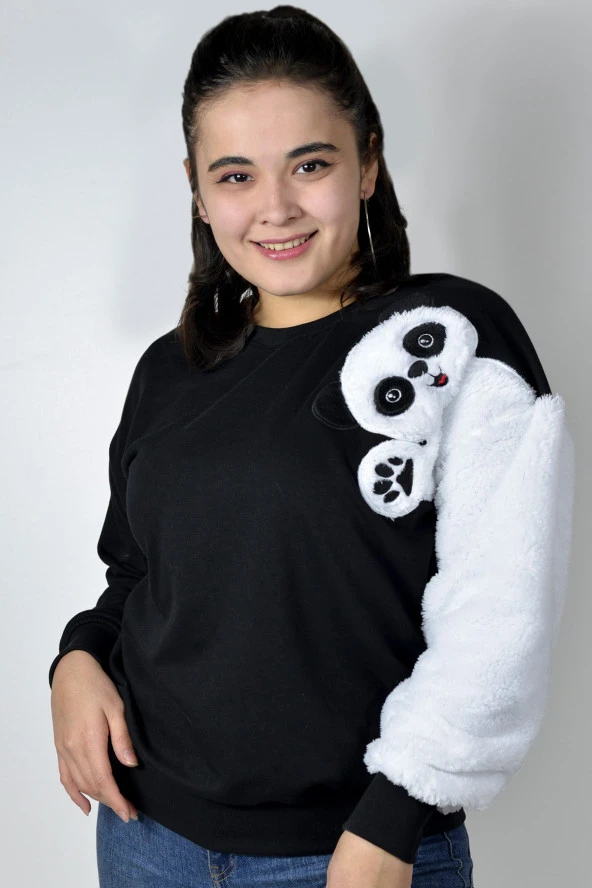Siyah Pandalı Nakışlı Sweatshirt