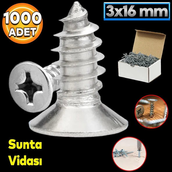 Sunta Vidası 3x16 Mm Paket 1000 Adet Sivri Uçlu Ahşap Tahta Ağaç Mobilya Ayak Kulp Vidası