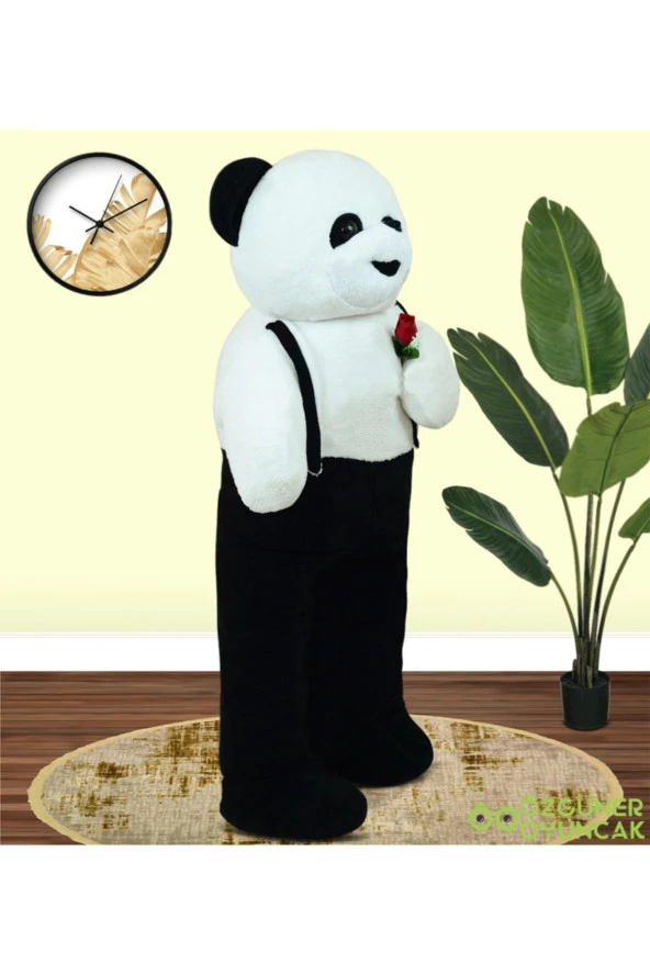 117 Cm Elinde Çiçek Tutan Tulumlu Peluş Panda - 1