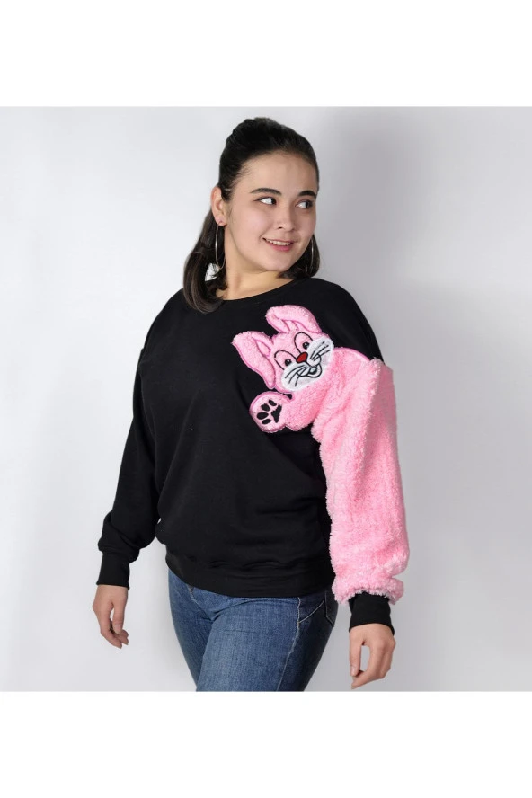 Siyah Tavşan Nakışlı Sweatshirt