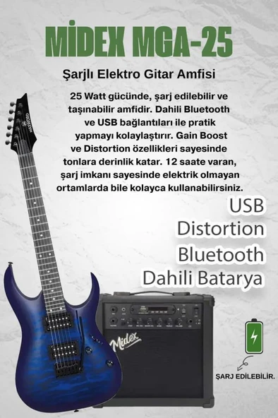 Maxword Grade-25AMP Blue Rosewood Yüksek Kalite 25W Amfili Elektro Gitar - Resim 2
