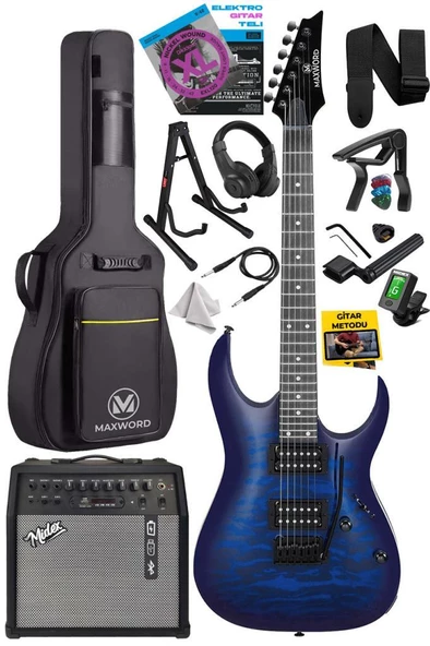Maxword Grade-50AMP Blue Rosewood Yüksek Kalite 50W Amfili Elektro Gitar - 1