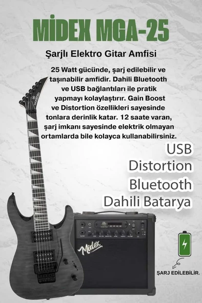 Maxword Grade-25AMP Gray Rosewood Yüksek Kalite Floyde Rose 25W Amfili Elektro Gitar - Resim 2