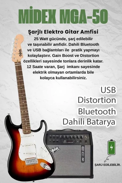 Midex RPH-30SB-50AMP Gül Klavye SSS 50W Amfili Elektro Gitar Seti - Resim 2