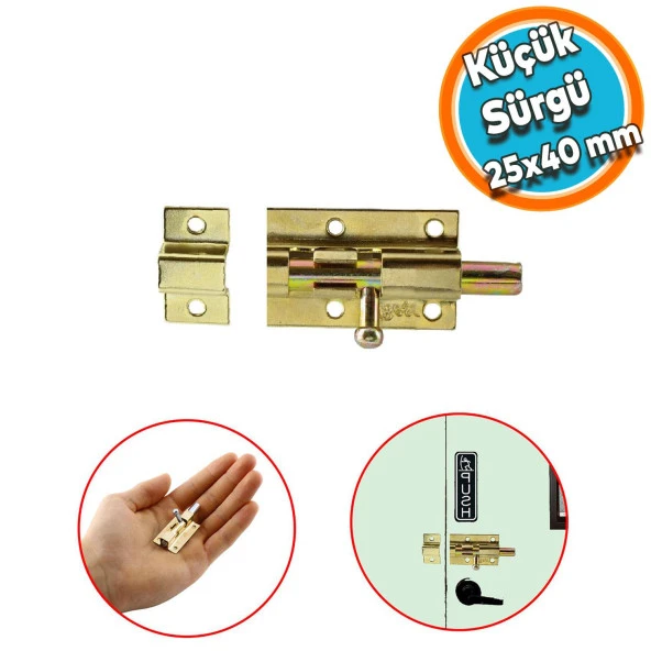 Küçük Mavzer Sürgü Sürgülü Dolap Sürgüsü Kilit 25x40 mm Kapı Pencere Emniyet Kilidi Metal Prinç Sarı ürün görseli