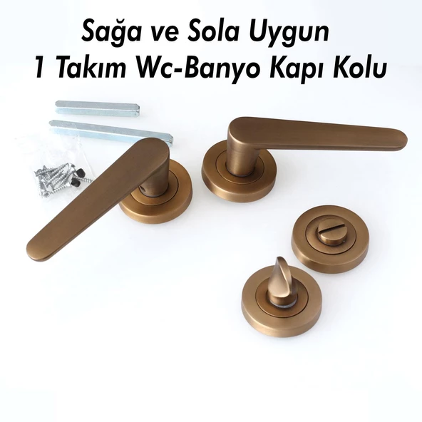 Kayı Antik Sarı Wc-Banyo Kapı Kolu Daire Rozetli Sürgülü Çelik Kapı Kulpu Gold Kolları - Resim 4