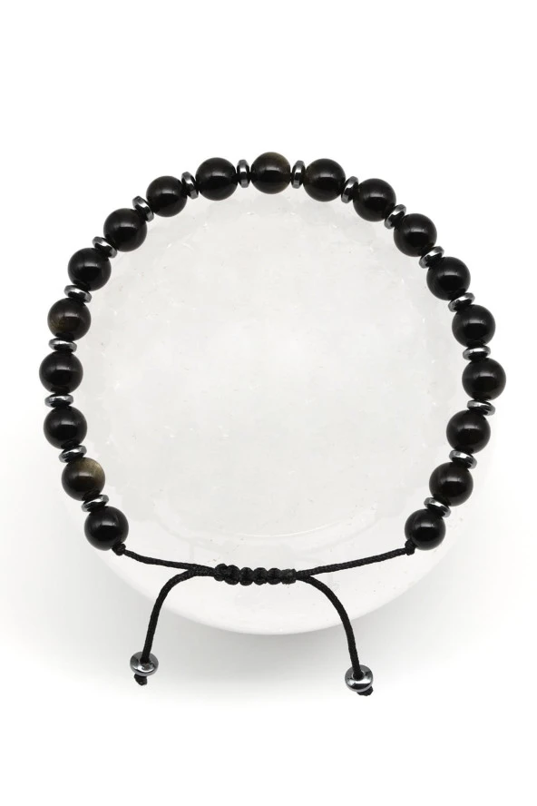 Obsidyen Doğal Taş Makrome Örme Bileklik Küre Kesim ürün görseli 1