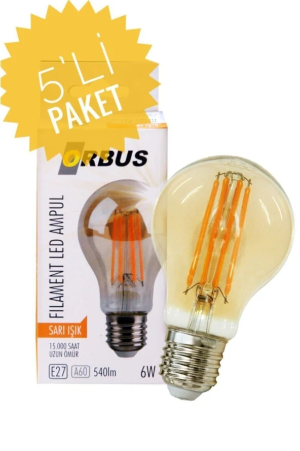 ORBUS Dekoratif Ampul A60 E27 Amber Sarı Işık 5 Adet