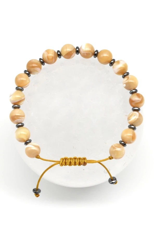 Sedef - Hematit Doğal Taş Makrome Örme Bileklik Küre Kesim ürün görseli 1