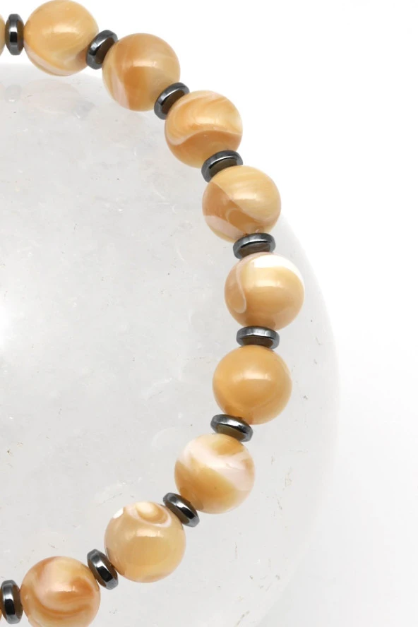 Sedef - Hematit Doğal Taş Makrome Örme Bileklik Küre Kesim - Resim 2