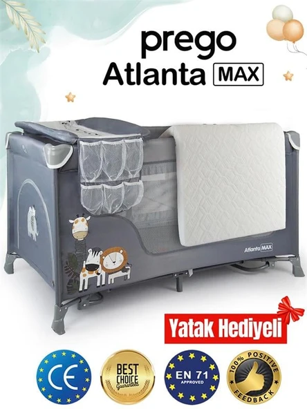 Prego Atlanta Max Oyun Parkı 70x120 Gri + Yatak Hediyeli