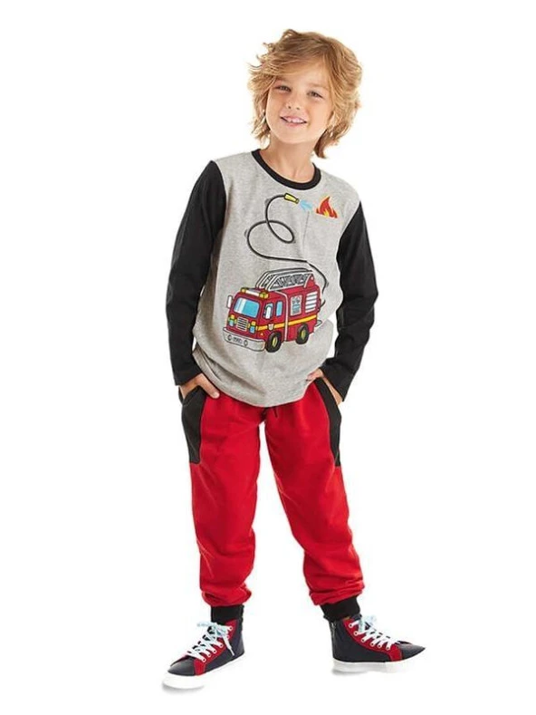 Denokids Erkek Çocuk İtfaiye T-shirt Pantolon Takım Gri Kırmızı CFF-23S1-011