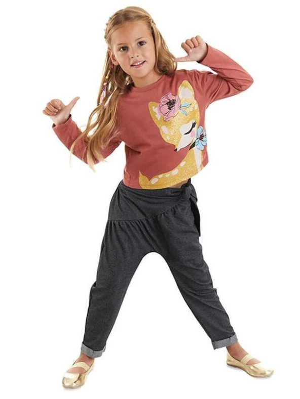Denokids Kız Çocuk Ceylan Crop-Top T-shirt Denim Görünümlü Pantolon Takım MS-23S1-030