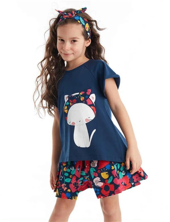 Denokids Kız Çocuk Çiçekli Kedi T-shirt Poplin Şort Takım CFF-20Y1-041