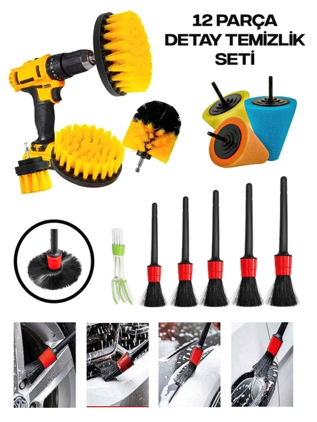 Germany Style 12 Parça Araç İç ve Dış Detay Temizlik Seti Jant Temizleme Matkapa Uyumlu Fırça Seti