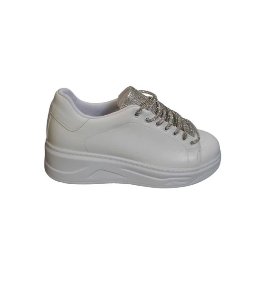 YAZKIŞ Kadın Siyah Beyaz Cilt Bağcıkları Dili  Taşlı 5cm Kalın Taban Fashıon Spor Ayakkabı - Resim 6