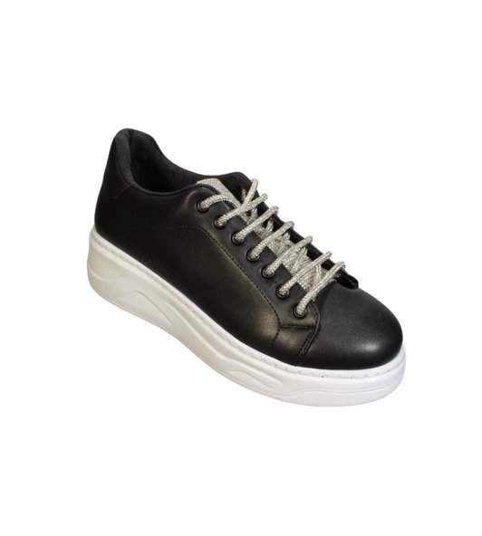 YAZKIŞ Kadın Siyah Beyaz Cilt Bağcıkları Dili  Taşlı 5cm Kalın Taban Fashıon Spor Ayakkabı ürün görseli