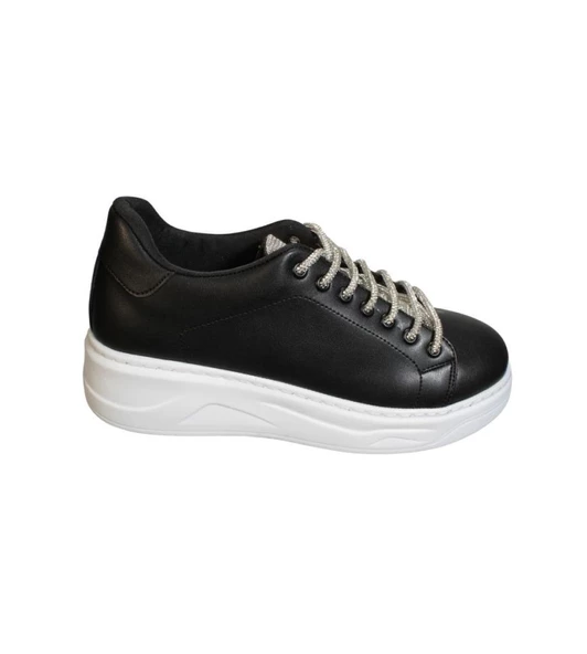 YAZKIŞ Kadın Siyah Beyaz Cilt Bağcıkları Dili  Taşlı 5cm Kalın Taban Fashıon Spor Ayakkabı - Resim 5