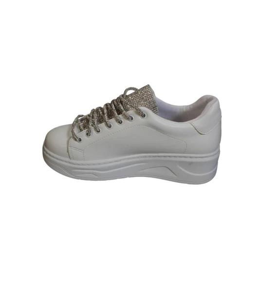 YAZKIŞ Kadın Siyah Beyaz Cilt Bağcıkları Dili  Taşlı 5cm Kalın Taban Fashıon Spor Ayakkabı - Resim 8