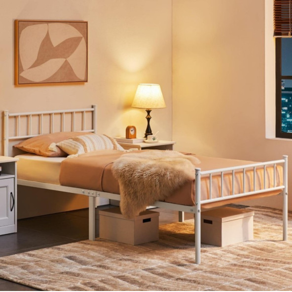 HFT HOME Metal Karyola, Çınar Metal Karyola Beyaz Renk, TEK Kişilik, Ölçü Seçenekli 20 90X190 BEYAZ