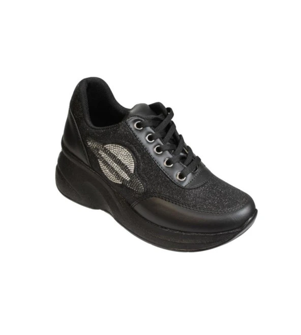 YAZKIŞ Kadın Siyah Beyaz Krem(nut) Üzeri Simli Bağcıklı 6cm Dolgu Taban Günlük Spor Ayakkabı