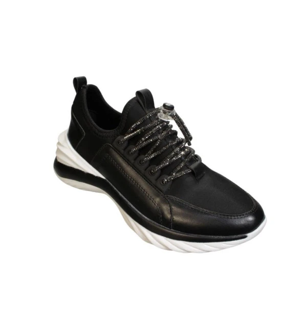 YAZKIŞ Kadın Siyah Streç Kumaş Üzeri Taş Bağcıklı Comfort 5cm Kalın Taban Fashıon Spor ayakkabı ürün görseli