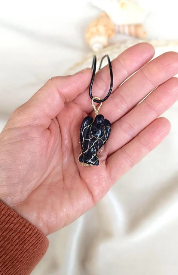 Kolye Melek Doğal Taş  Mavi Goldstone El İşi Tel Sarma Tasarım Çakra Charm Takı Kadın Kız Örgü - 2
