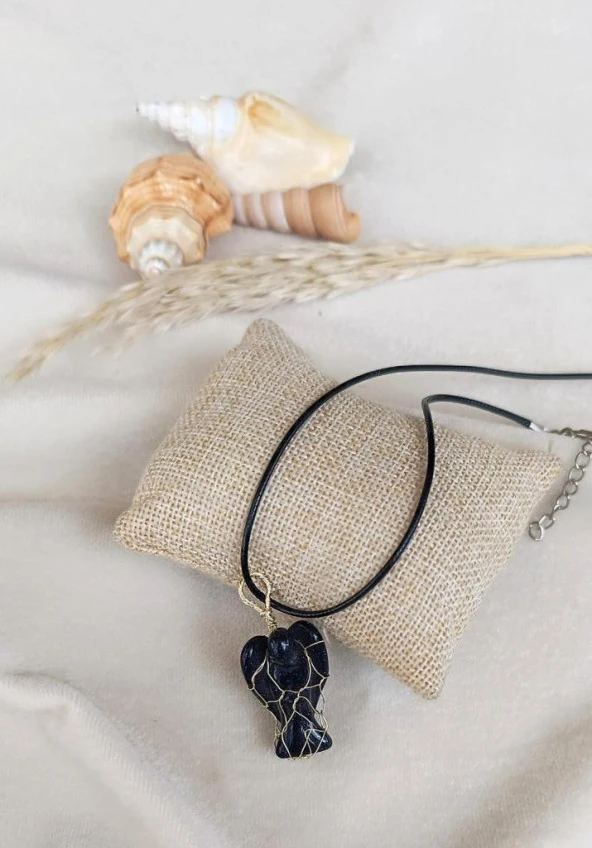 Kolye Melek Doğal Taş  Mavi Goldstone El İşi Tel Sarma Tasarım Çakra Charm Takı Kadın Kız Örgü - 3