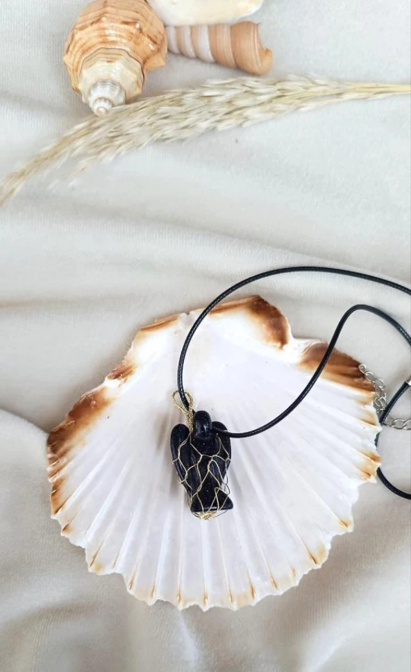 Kolye Melek Doğal Taş  Mavi Goldstone El İşi Tel Sarma Tasarım Çakra Charm Takı Kadın Kız Örgü - 4