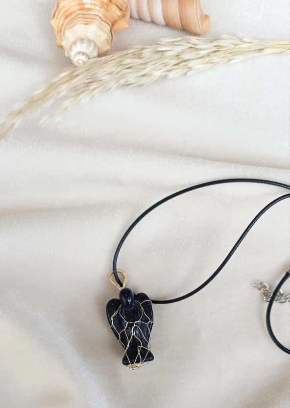 Kolye Melek Doğal Taş  Mavi Goldstone El İşi Tel Sarma Tasarım Çakra Charm Takı Kadın Kız Örgü - 5